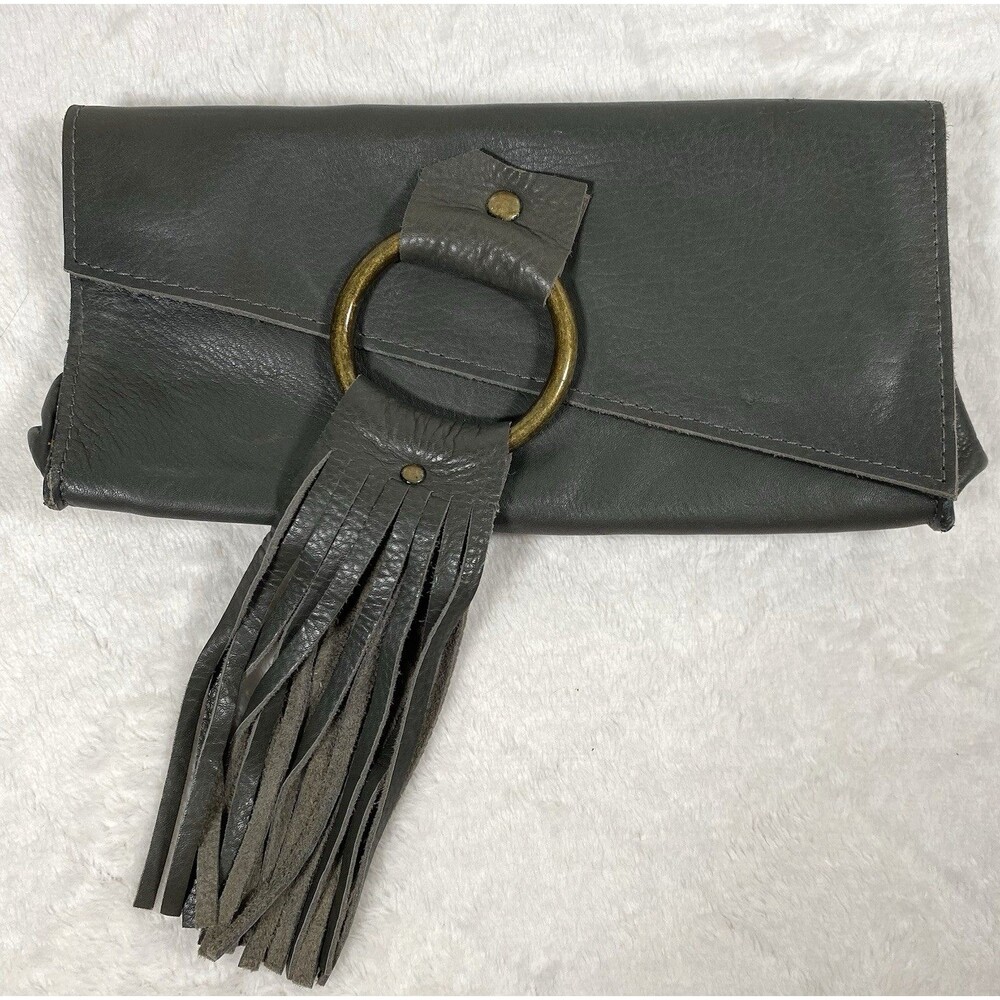 Lisa Leonard Women's Soft Leather Wallet Clutch Dark Olive Green Fringe Studs